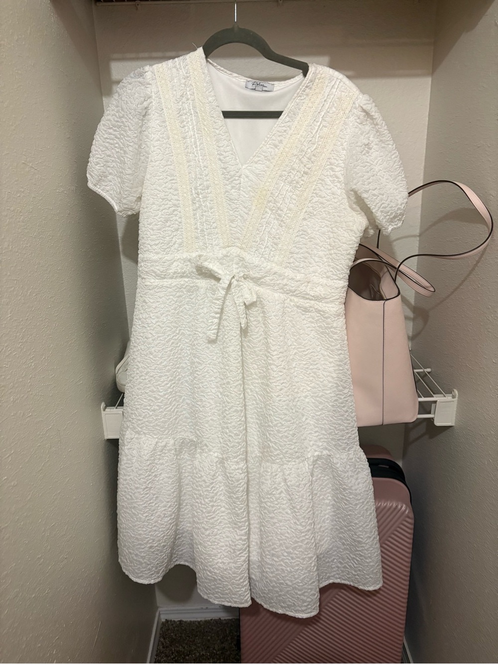 Polagram White Textured V-neck Midi Dress